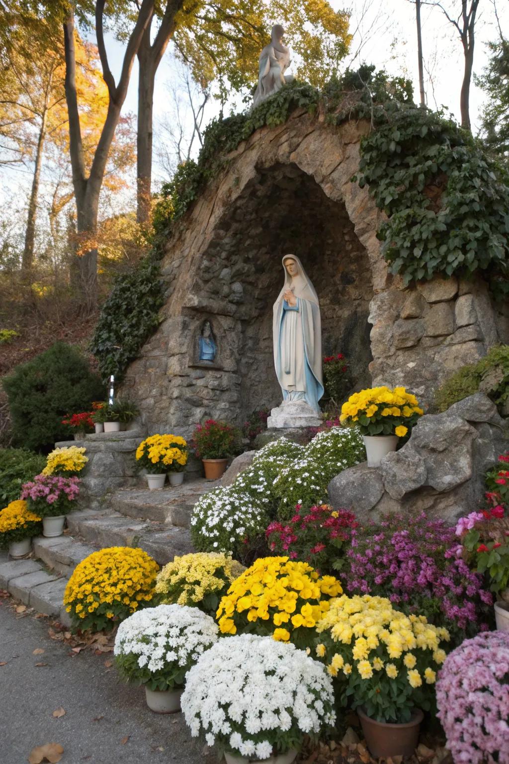 Seasonal plantings keep your grotto vibrant all year.
