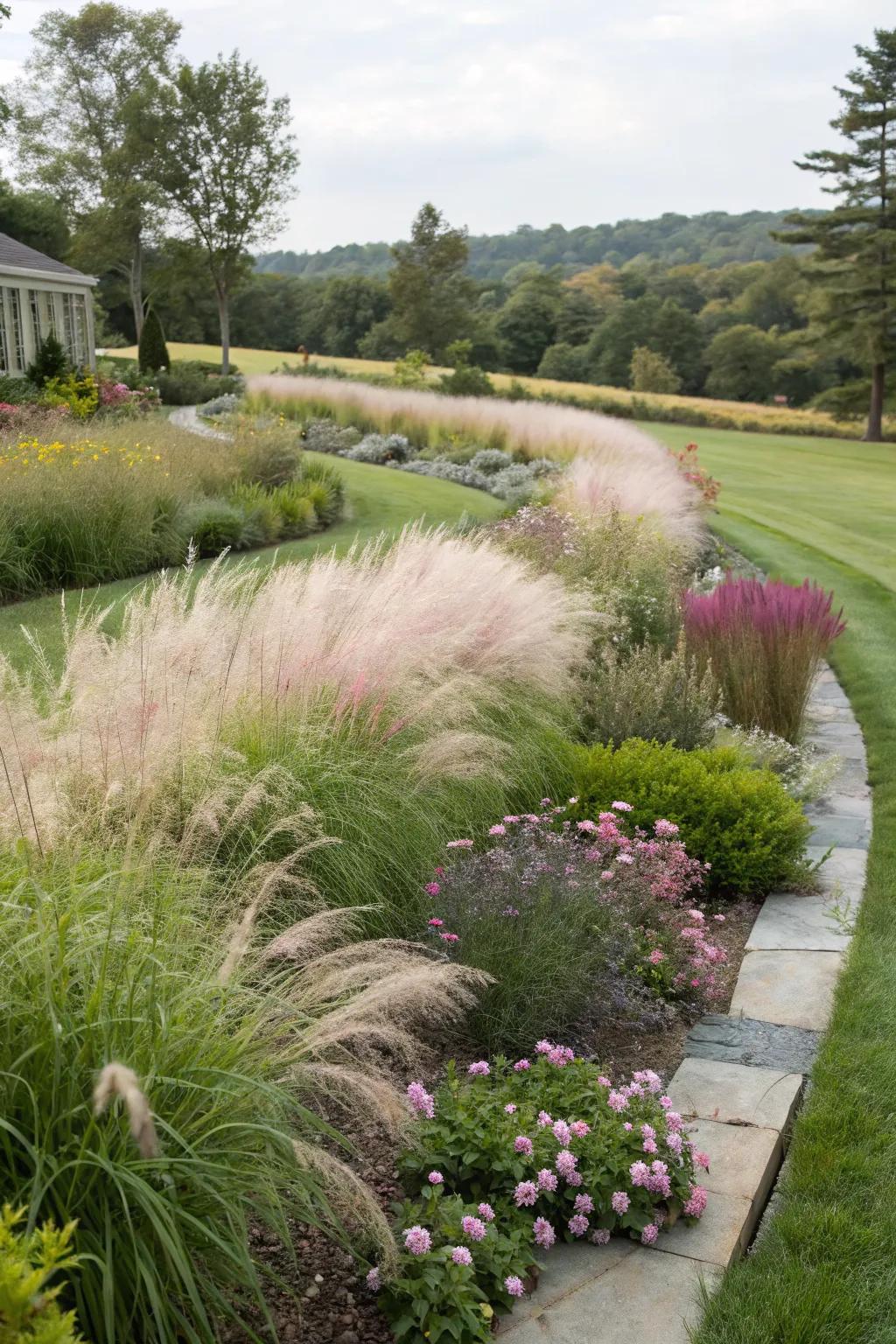 Natural fencing with muhly grass creating seamless garden divisions.