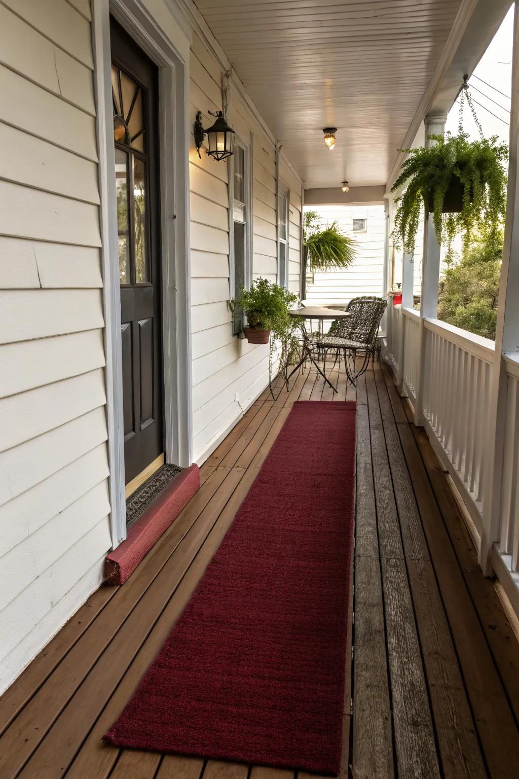 Runner rugs define spaces and add warmth to a narrow porch.