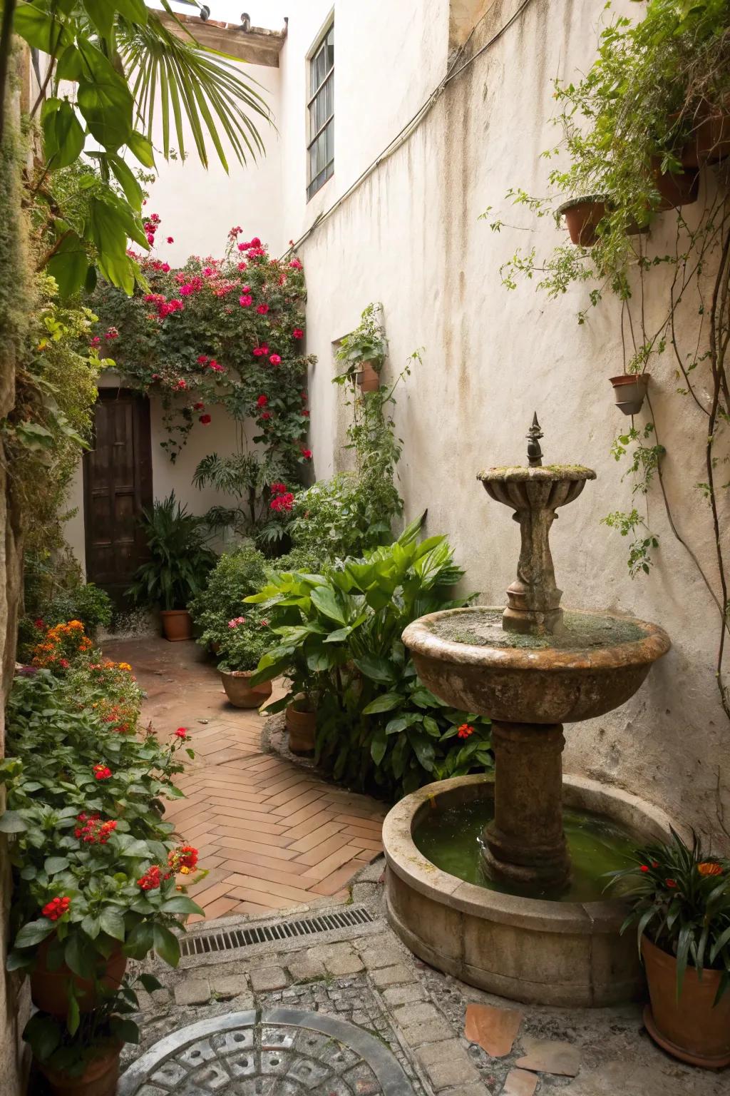 Tabletop fountain on a narrow patio.