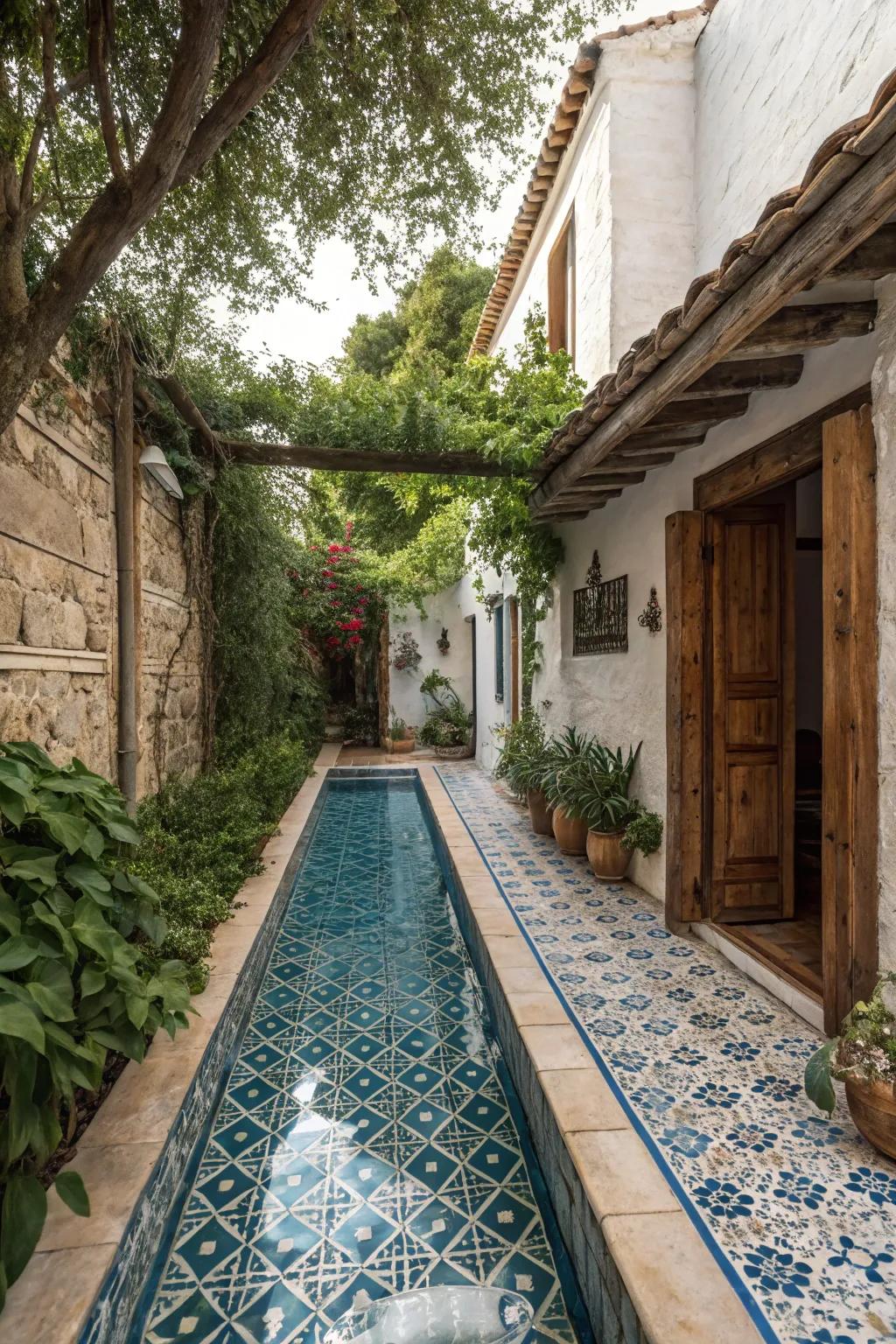 A narrow pool with Mediterranean charm and inviting warmth.