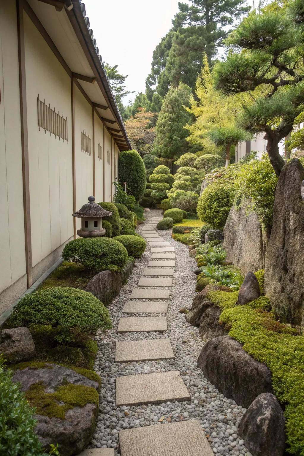 A narrow walkway featuring peaceful miniature rock gardens.