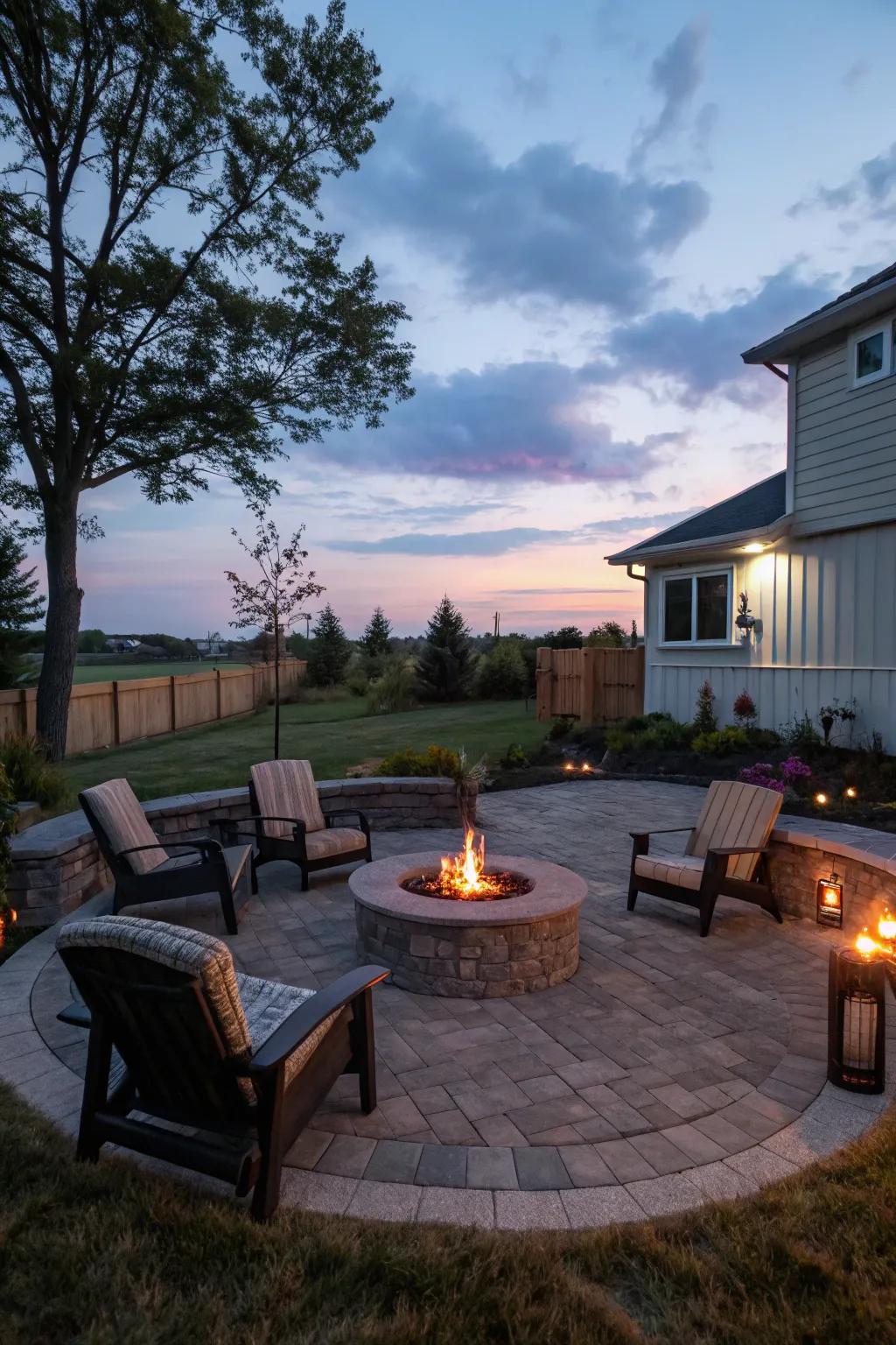 A backyard fire pit surrounded by seating, ideal for cozy evenings.