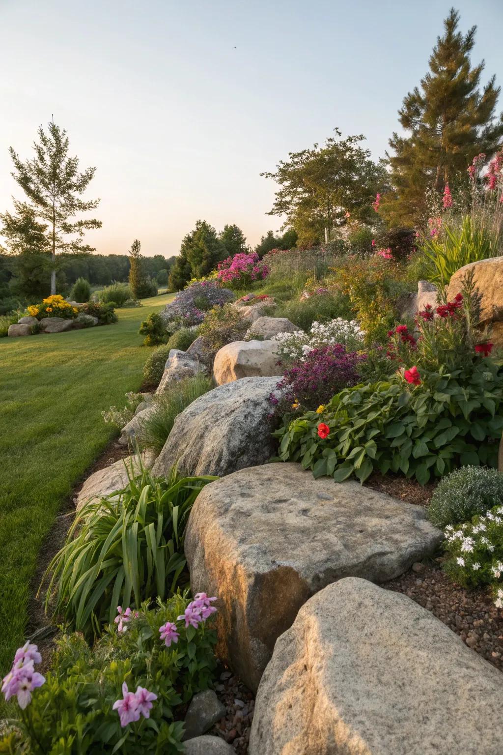 Large rocks creating a bold and functional garden border.