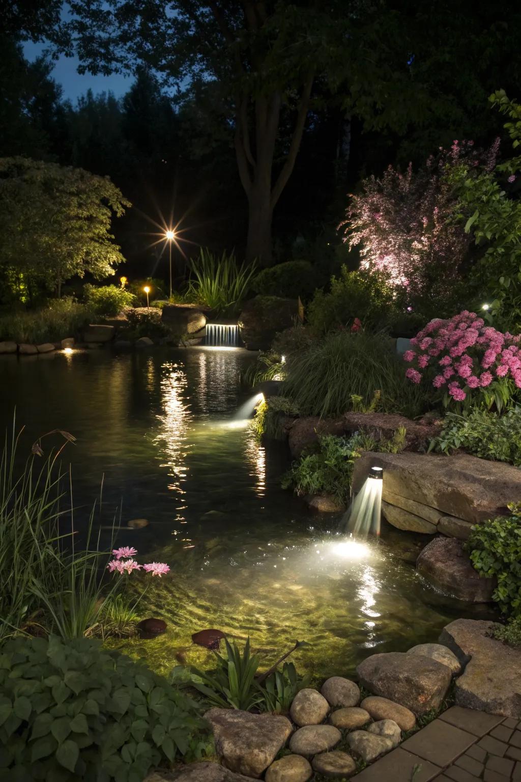 A garden pond glowing with underwater lights at dusk.
