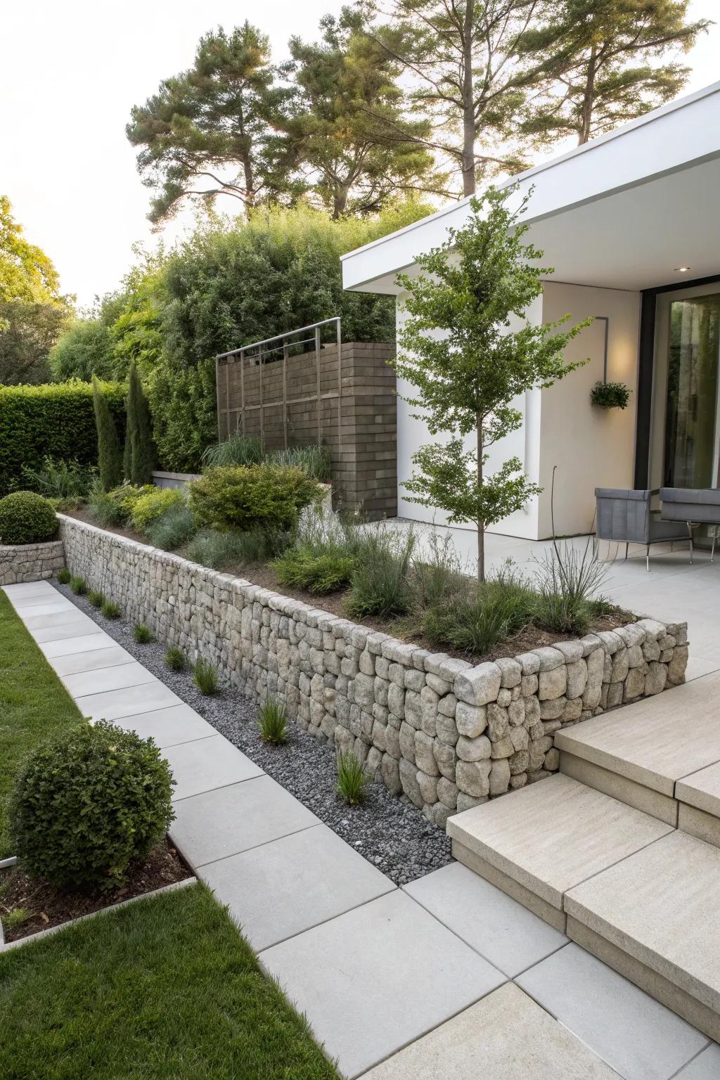A textured gabion wall adding dimension to a contemporary garden.