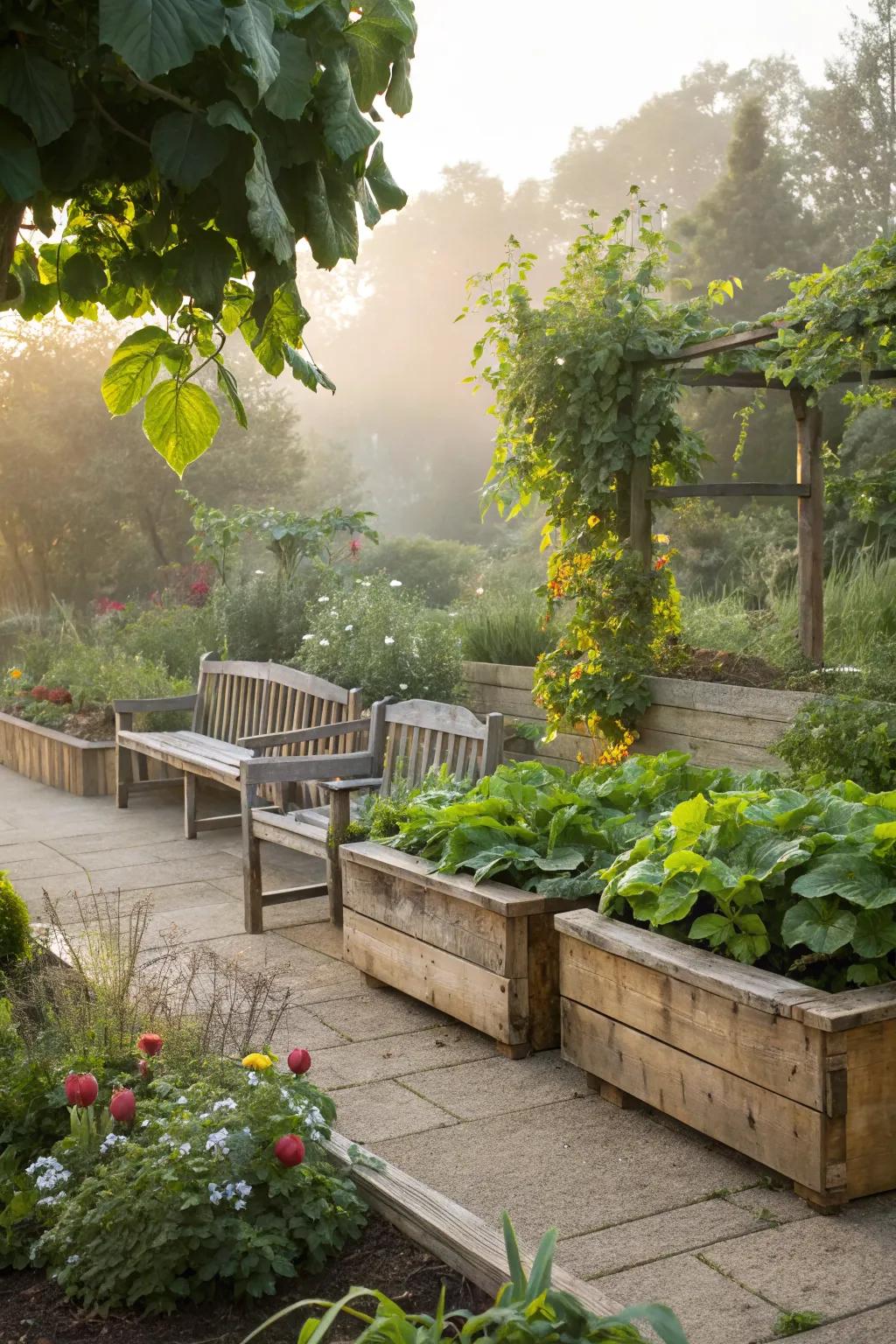 Reclaimed wood features add warmth and character to the garden.