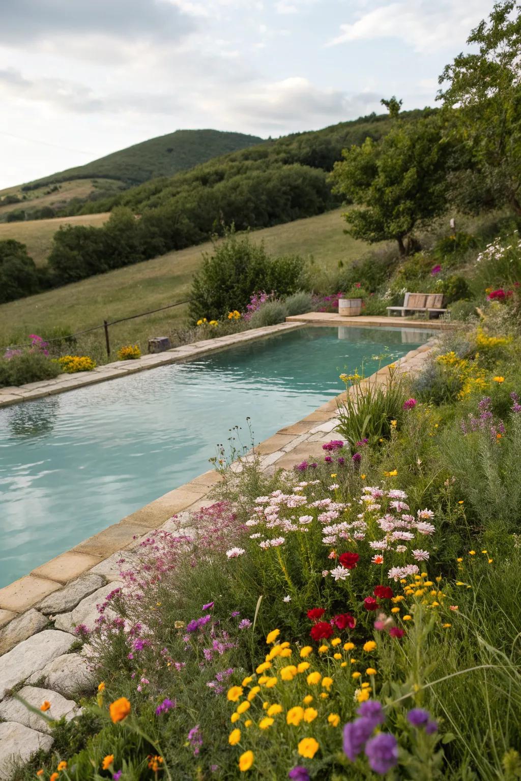 A natural swimming pool surrounded by colorful wildflowers, creating a lively and vibrant atmosphere.