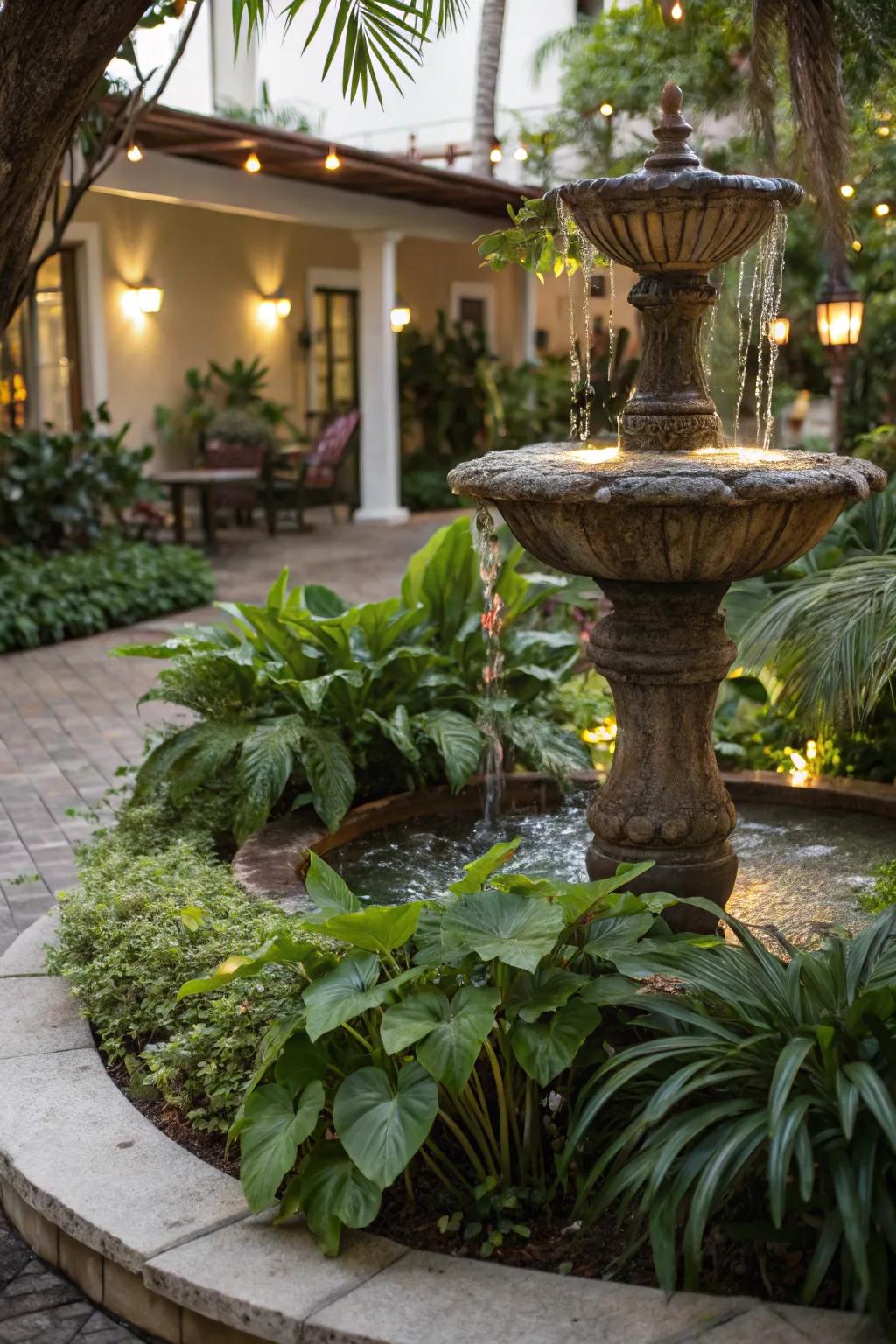 A soothing water feature that adds tranquility to the garden.