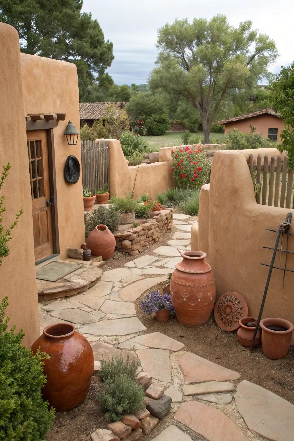 Adobe and pottery reflect the cultural heritage of New Mexico in your backyard.