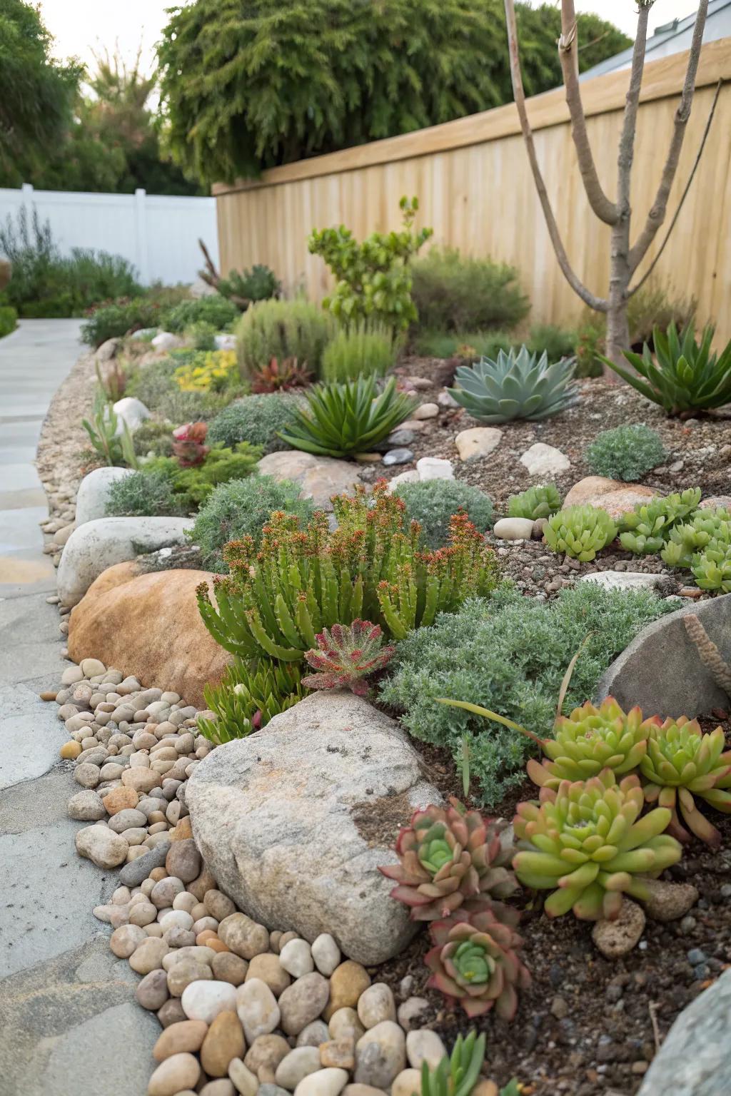 Rock gardens offer a serene and low-maintenance option.