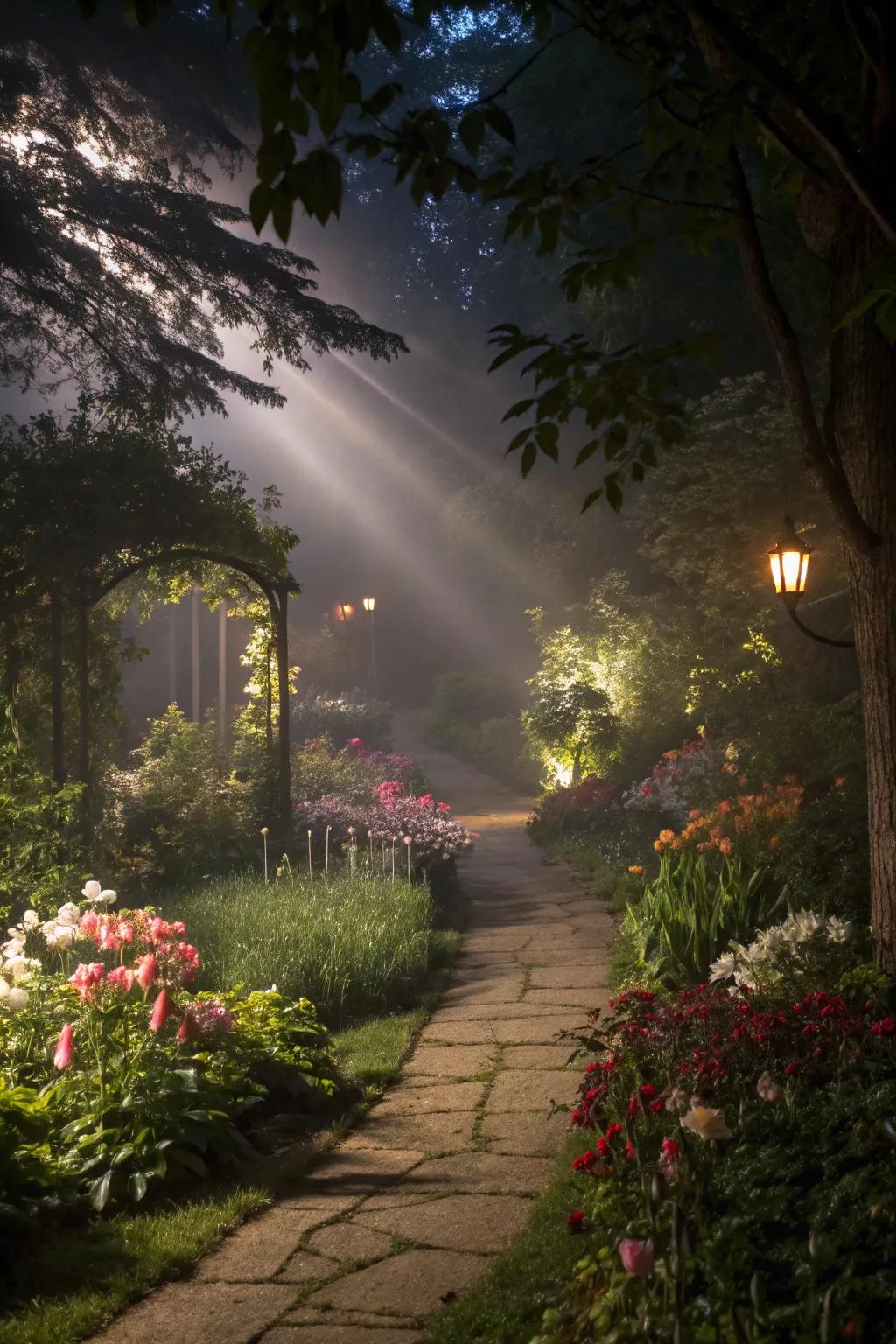 Magical garden ambiance created with solar lighting at night.