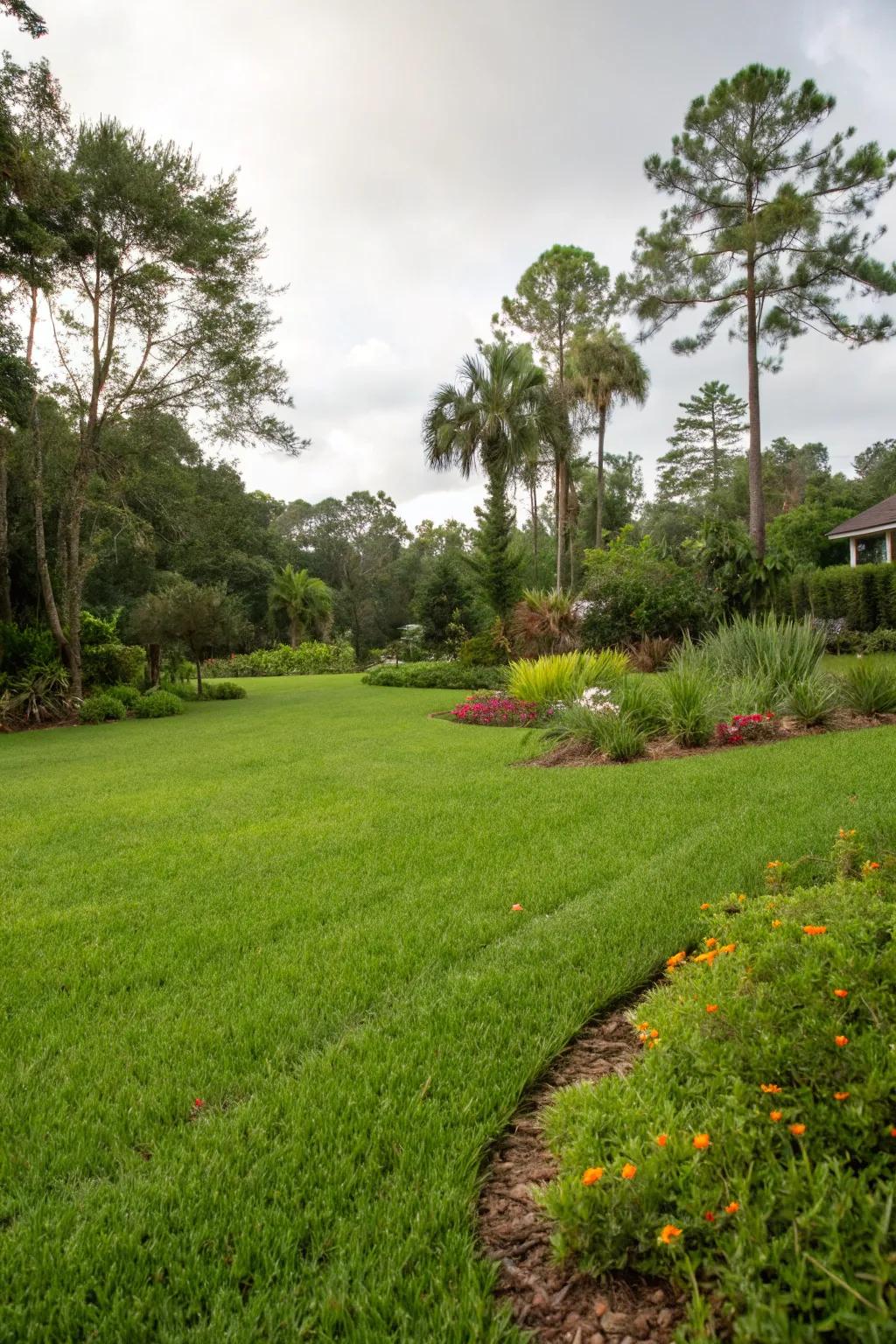 A lush, well-maintained lawn featuring drought-resistant grass.