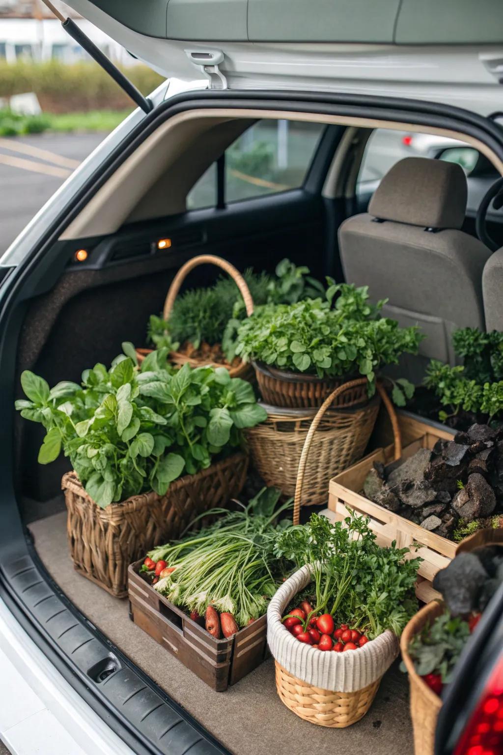 A car's backseat repurposed into a thriving vegetable garden.