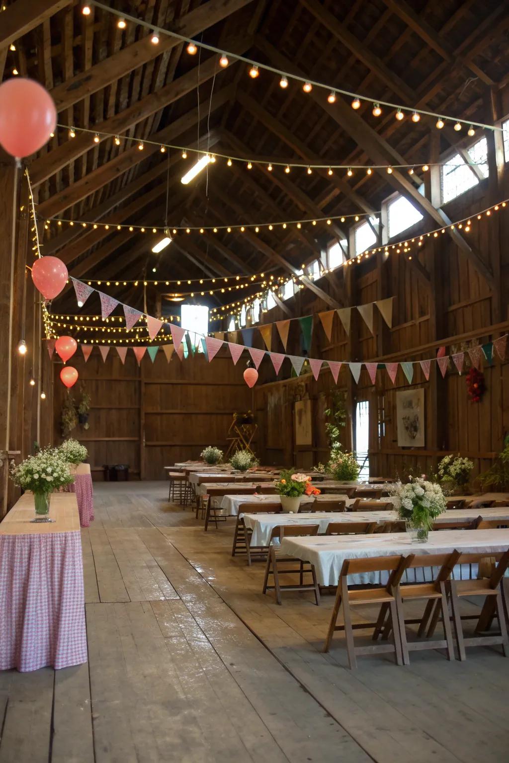 A lively community gathering spot inside a barn.