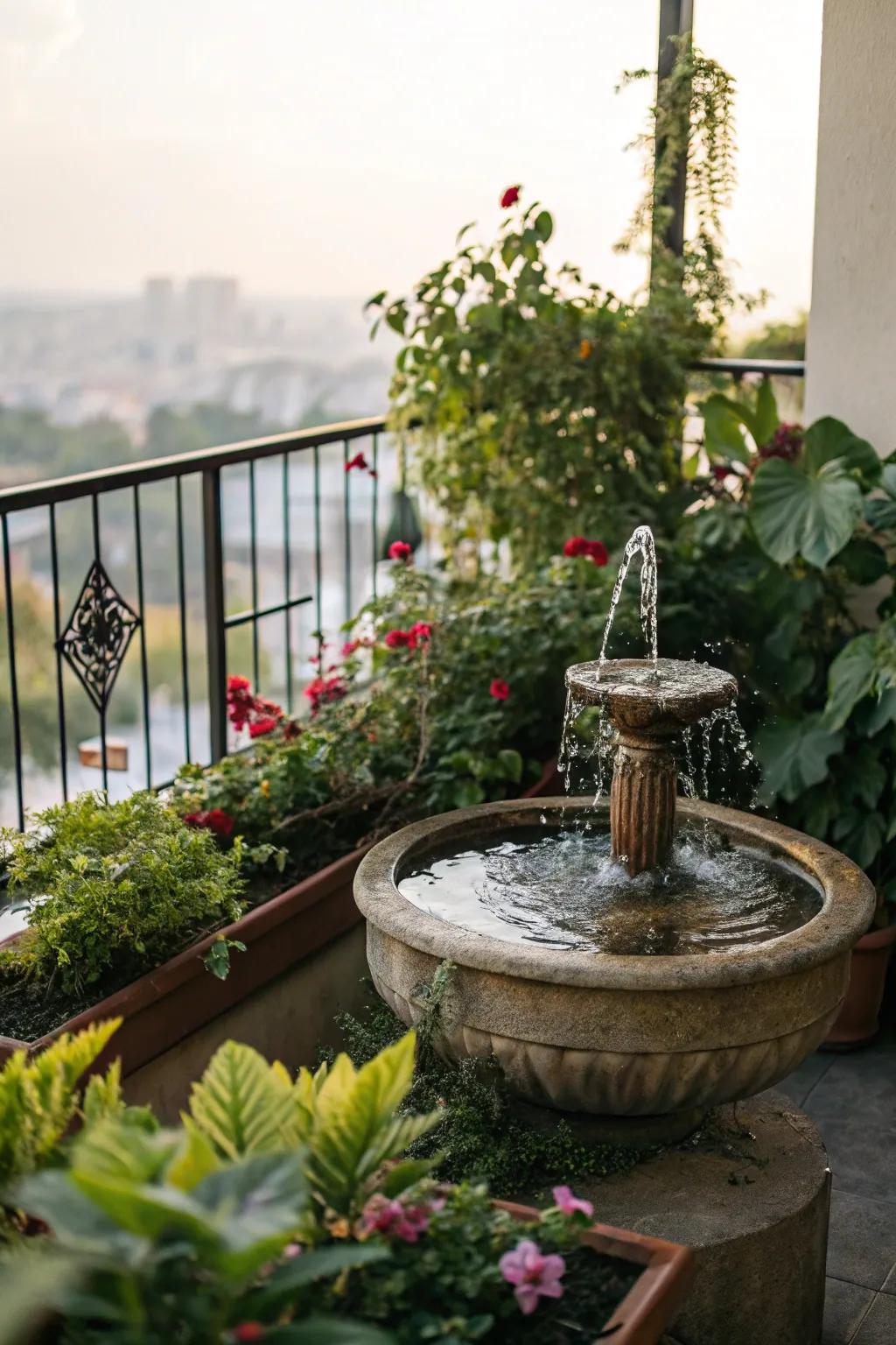 Enhance tranquility with a small balcony water feature.