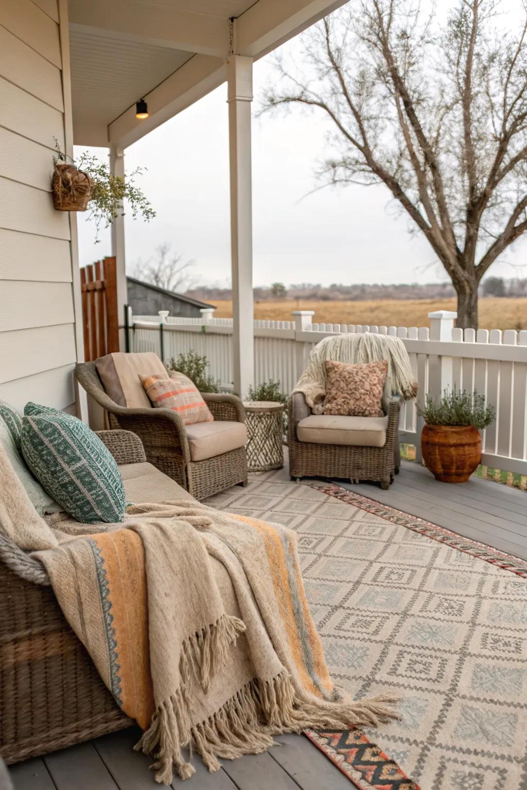 Layered textiles bring warmth and comfort to the porch.