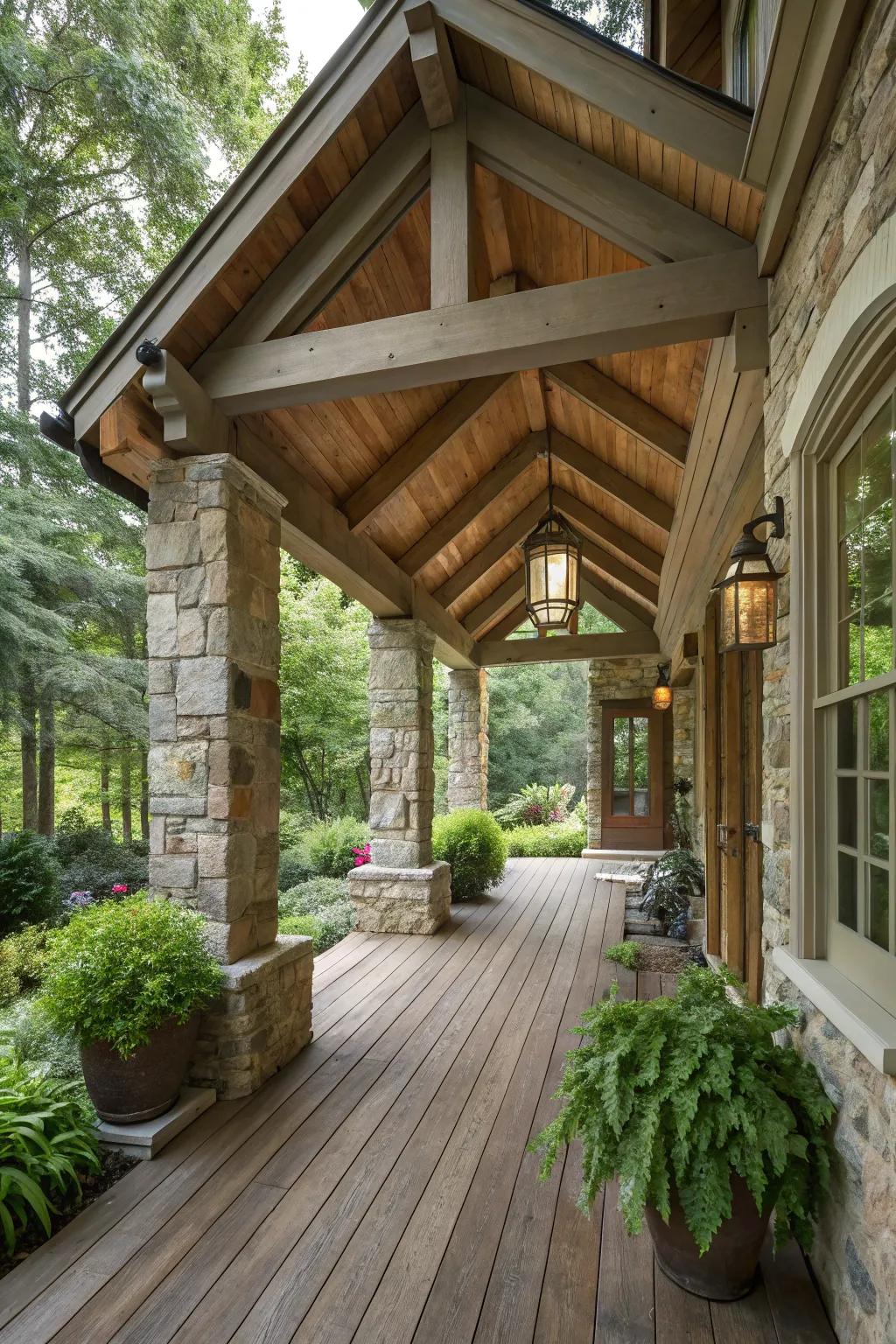 Stone accents bring natural elegance to the porch.