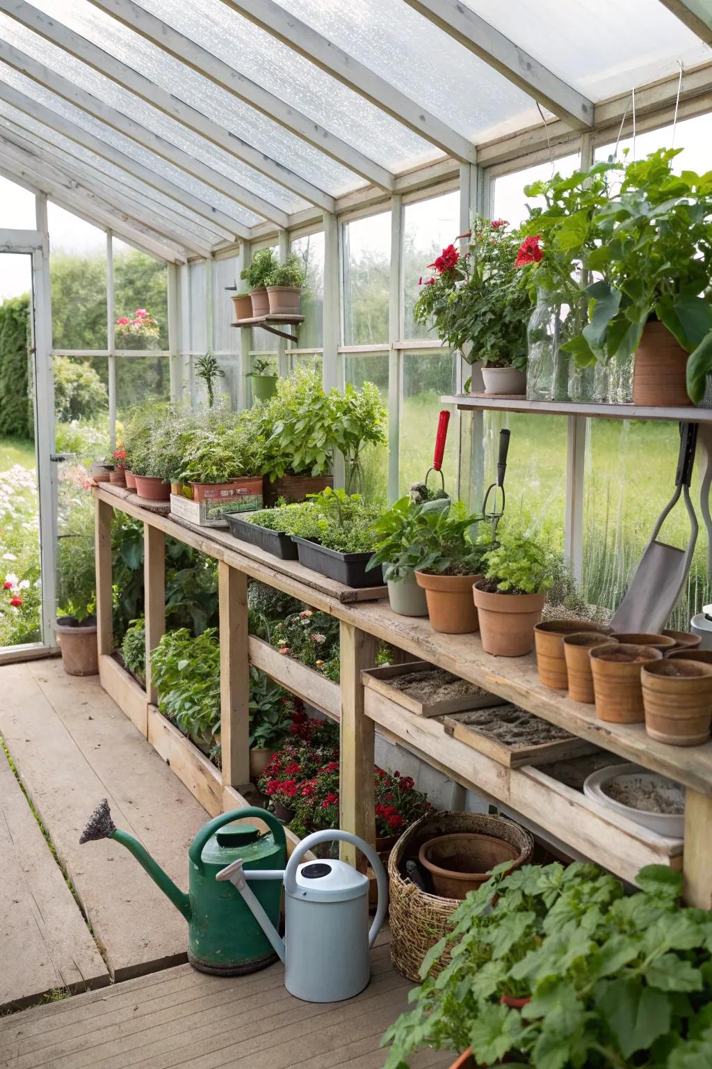 A vibrant greenhouse sanctuary in an open shed.