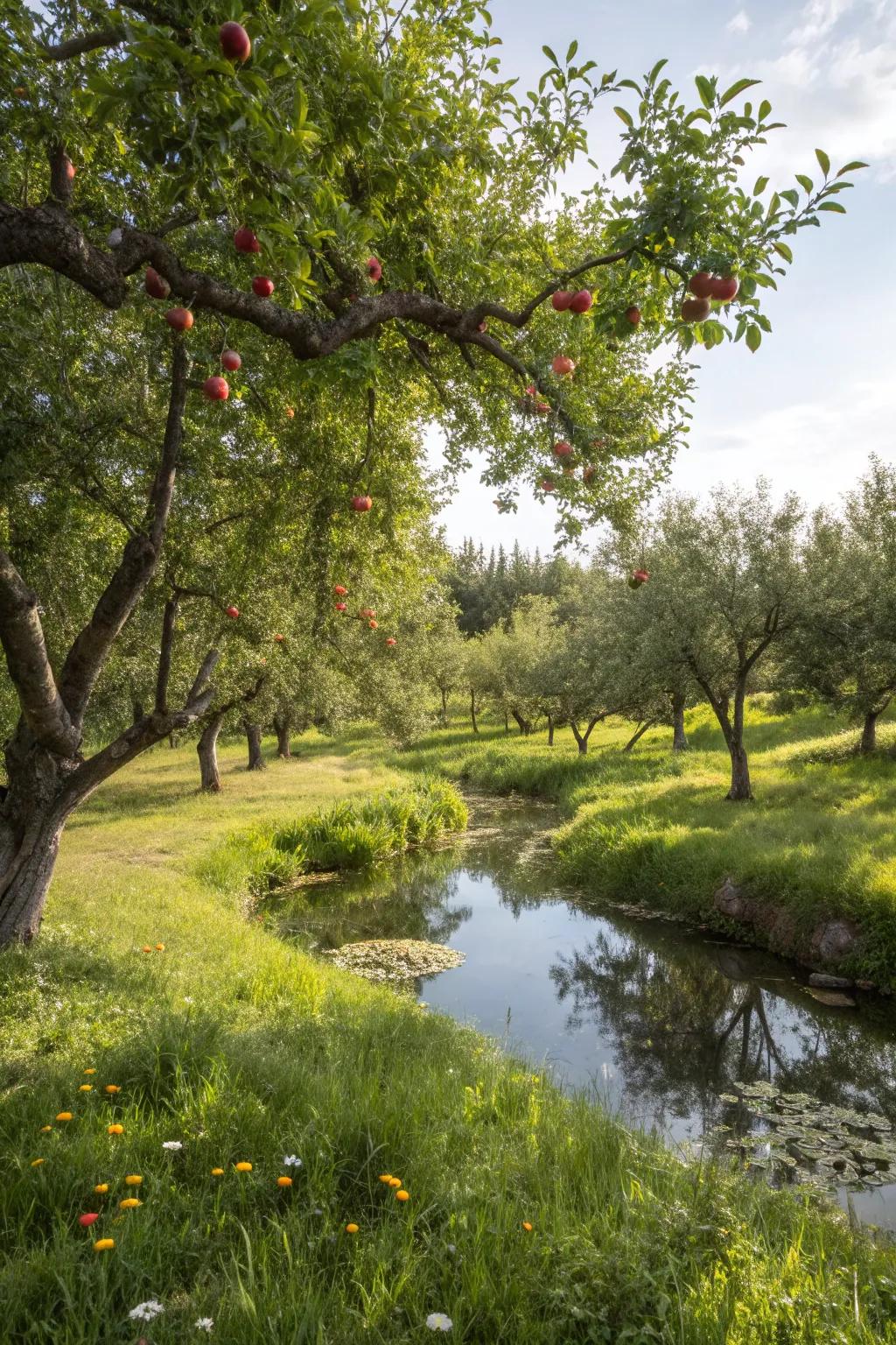 A water feature adds tranquility and utility to the orchard.