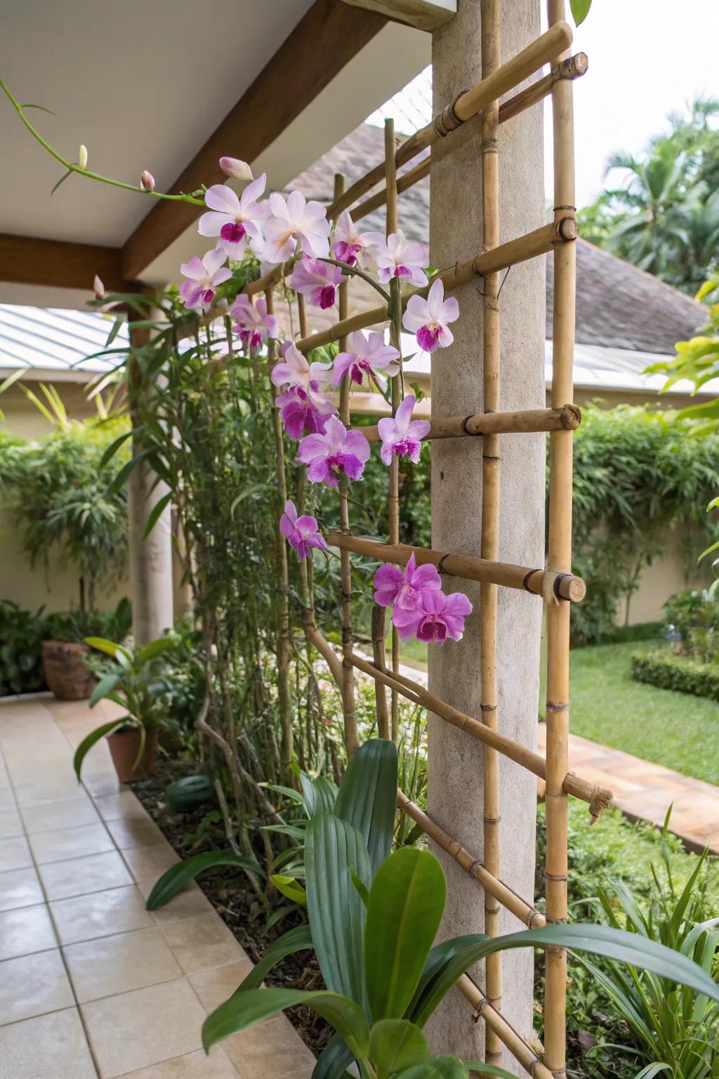 A bamboo trellis provides support and style for climbing orchids.