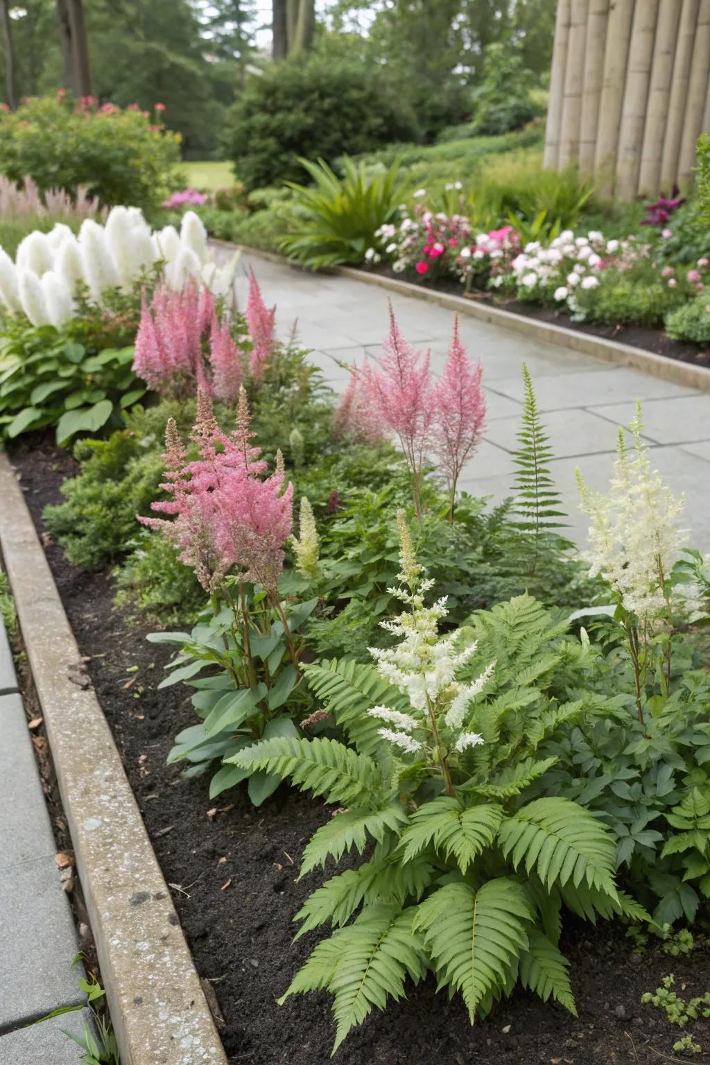 Astilbe and ostrich ferns create a colorful, textured garden bed.