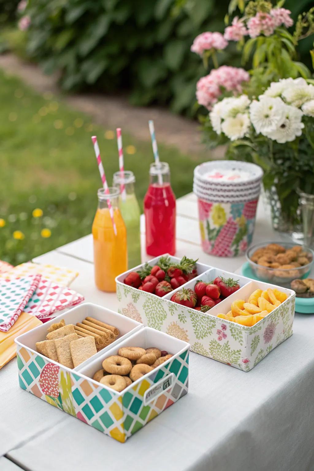 Snack displays offer a delightful array of treats for guests to enjoy.
