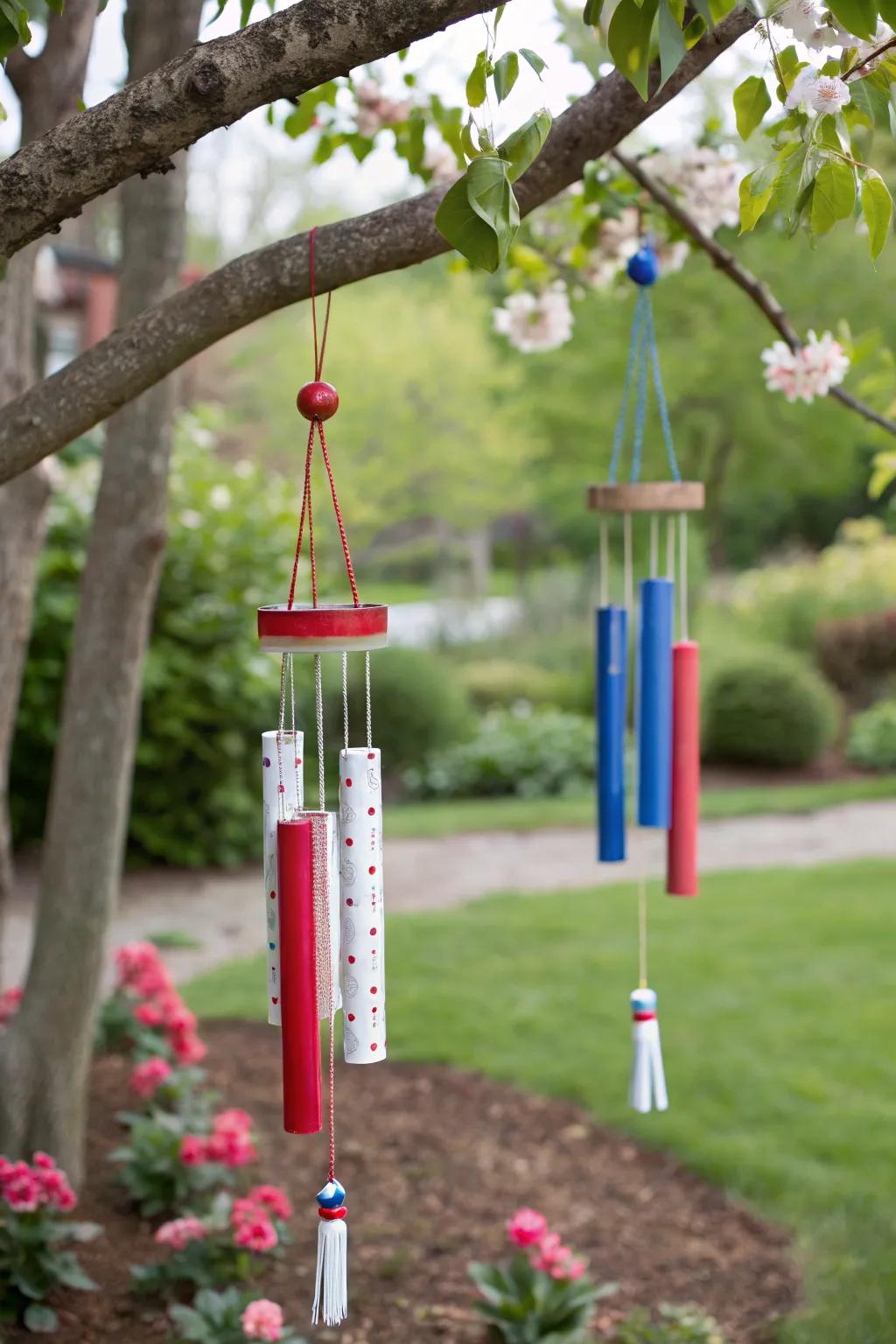 DIY wind chimes create a soothing sound and a festive touch.