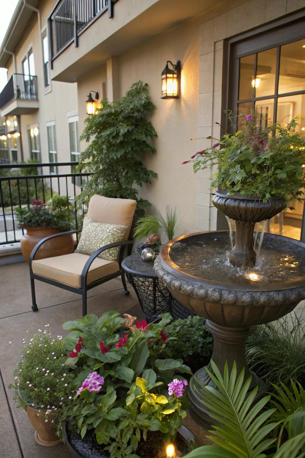 A water feature brings a calming element to this serene patio.
