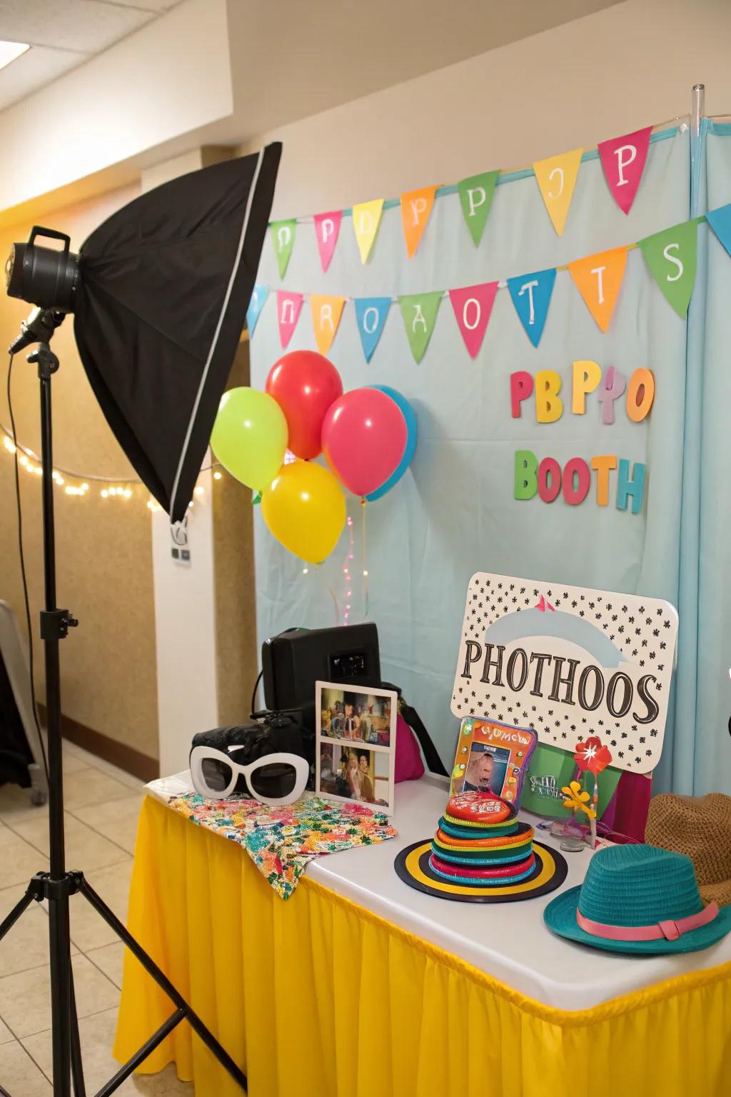A photo booth with props ensures fun and memorable moments.