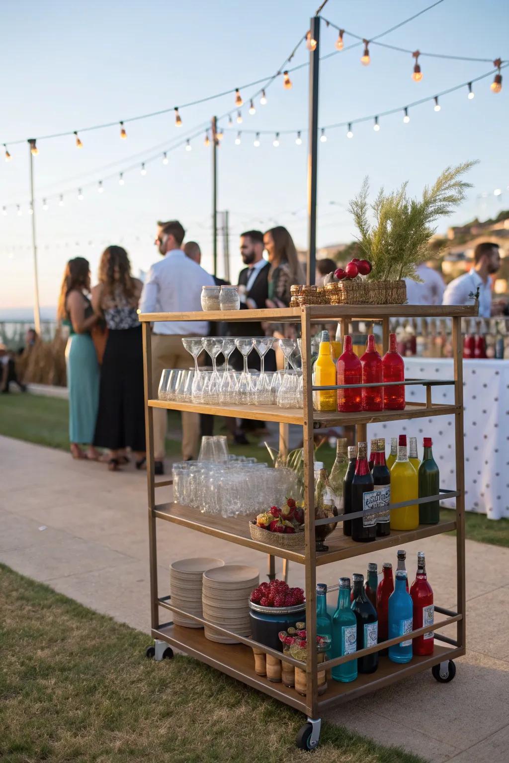 A stylish bar cart on a baker's rack, perfect for outdoor entertaining.