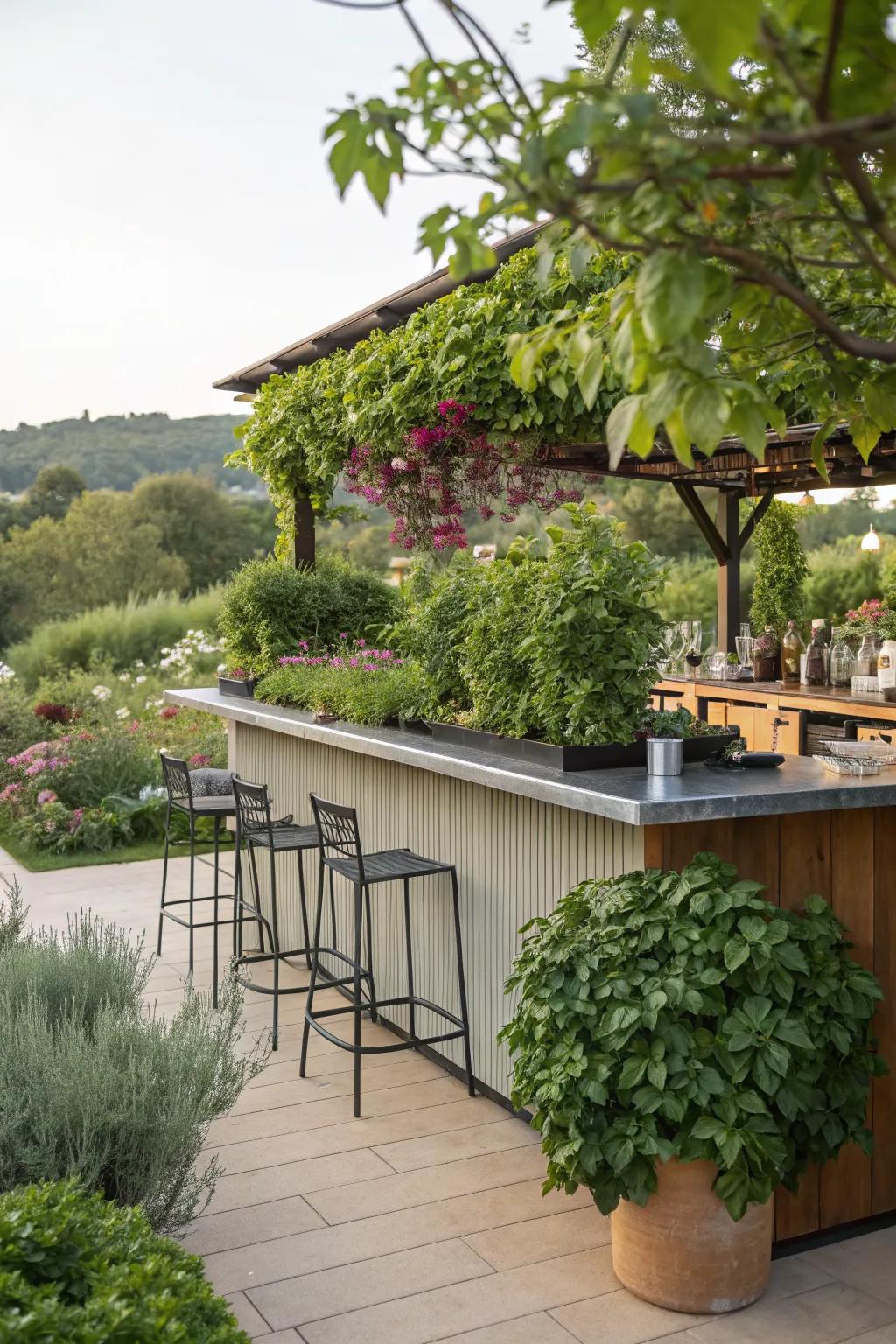 A garden bar with herbs adds freshness to drinks.