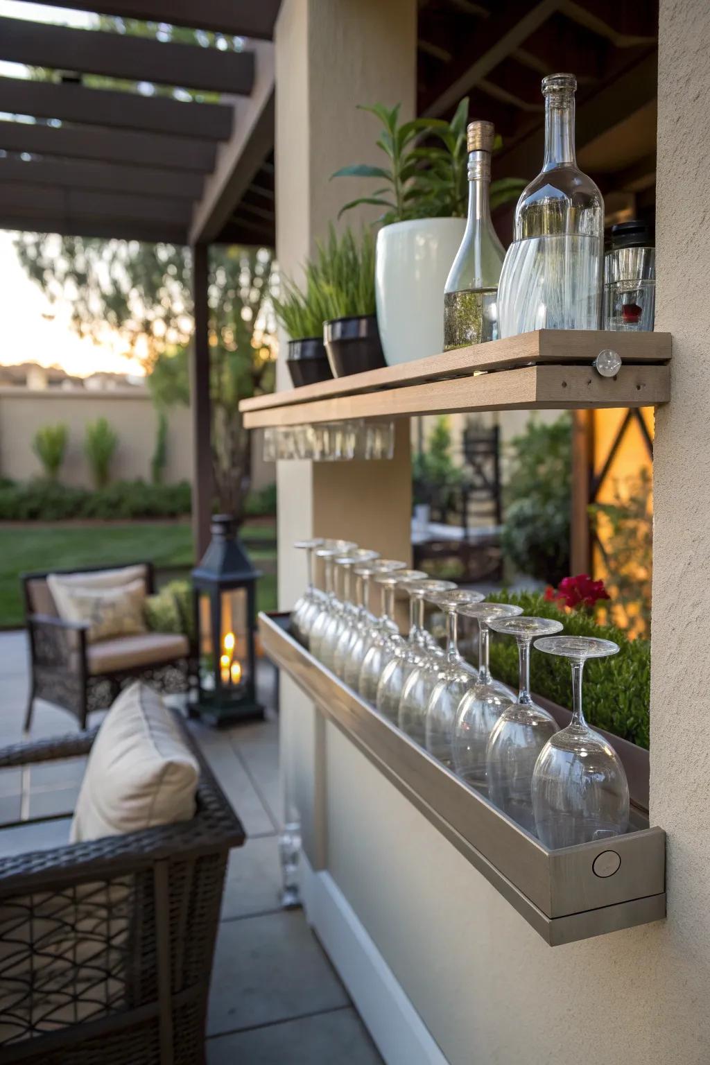 A floating shelf bar combines style and functionality in limited spaces.