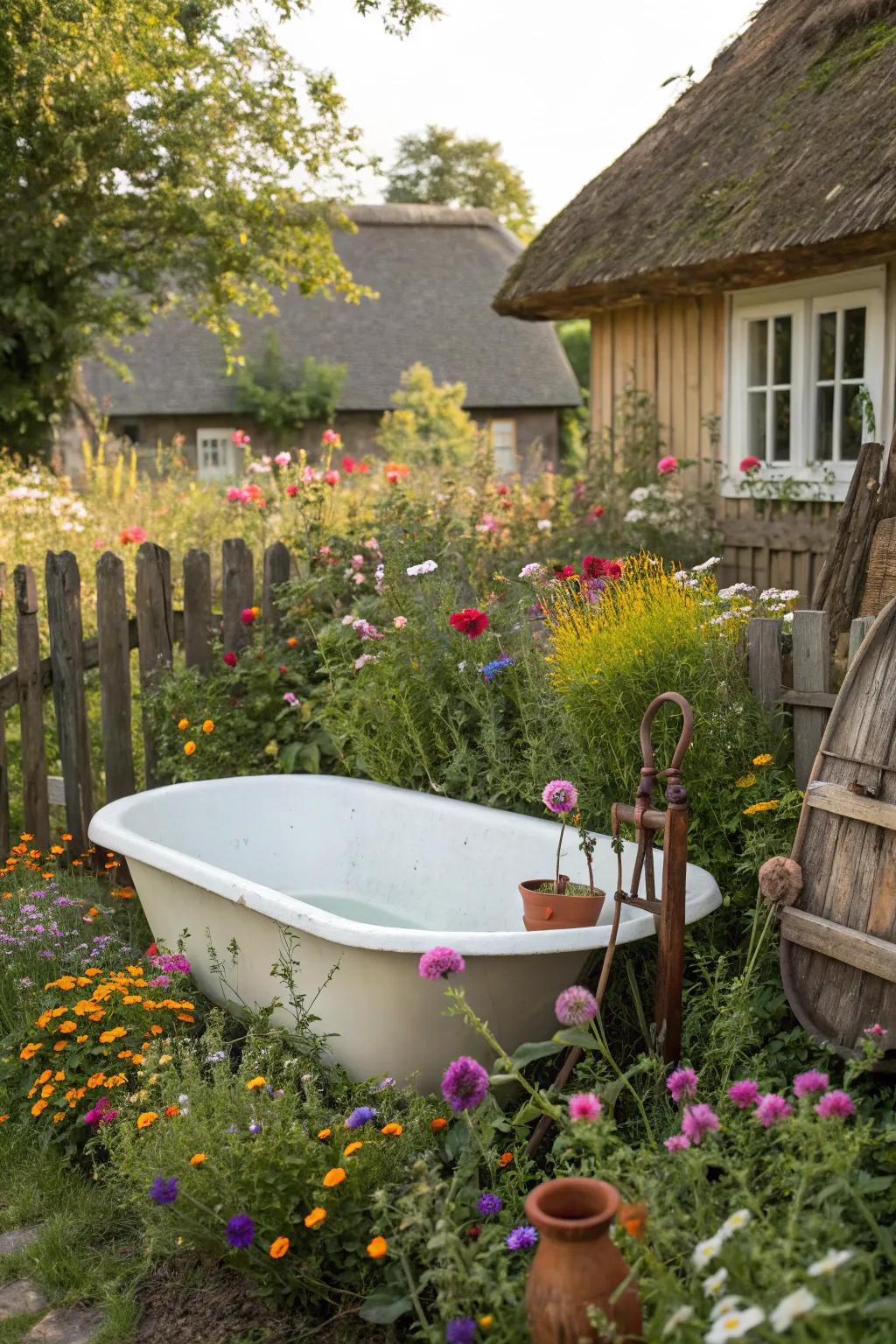 Cottagecore delight with a charming garden tub.