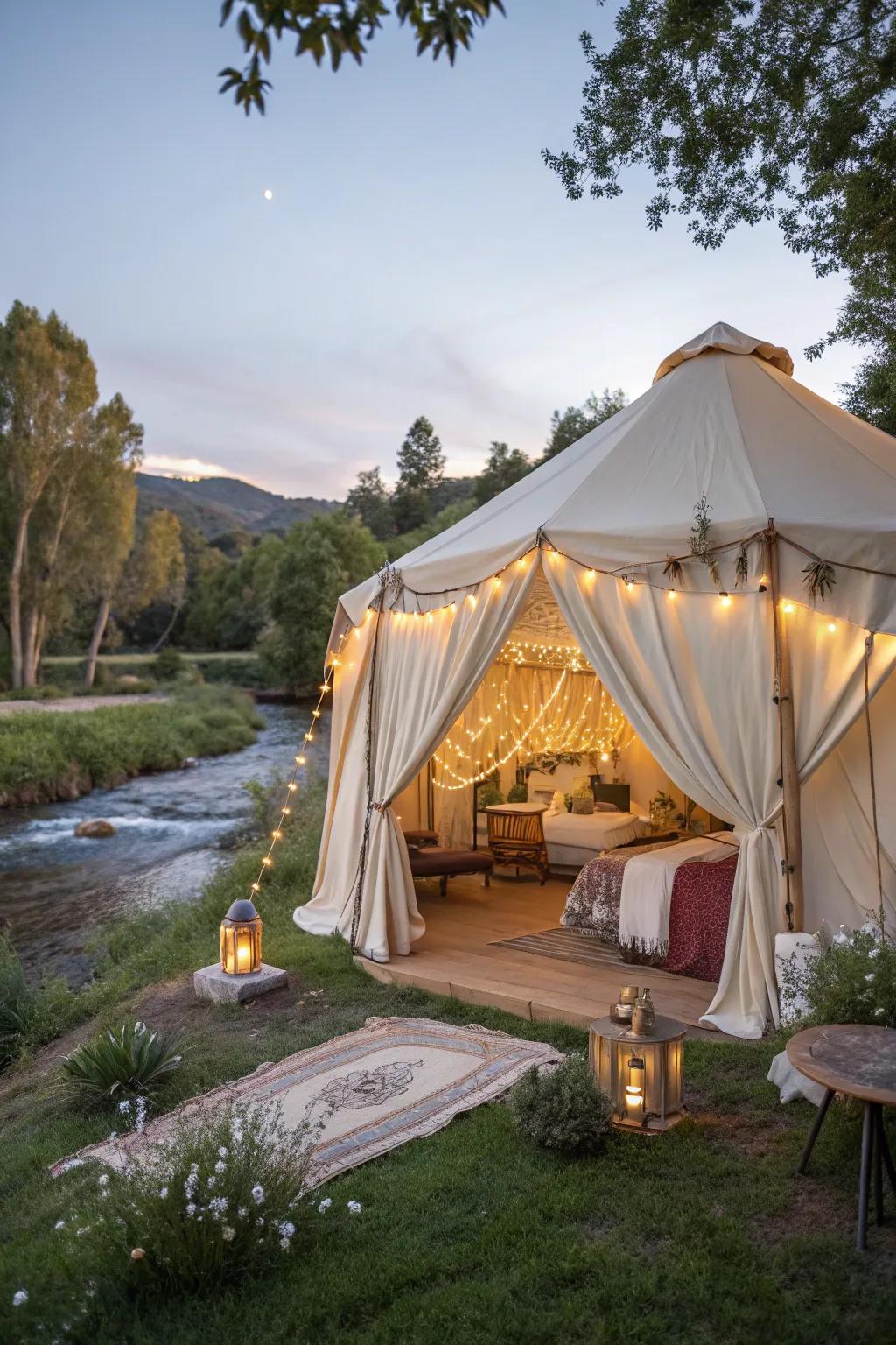 Experience luxury with a glamorous glamping tent.