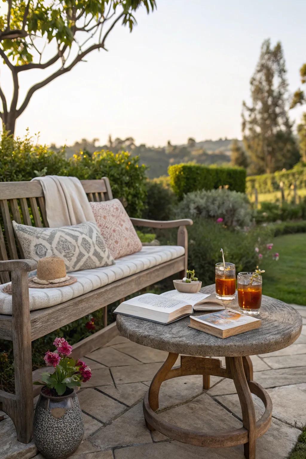 A bench with side tables for convenience in a cozy garden.
