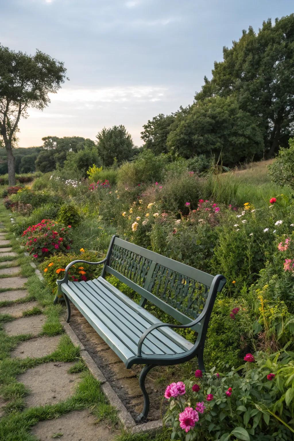 Recycled material benches offer sustainability and uniqueness.