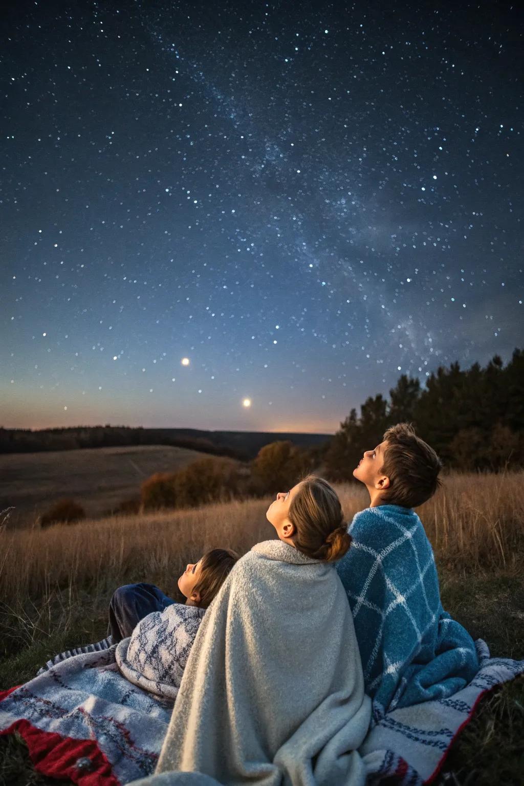 Children enjoying a peaceful stargazing session under a clear, starry night sky.