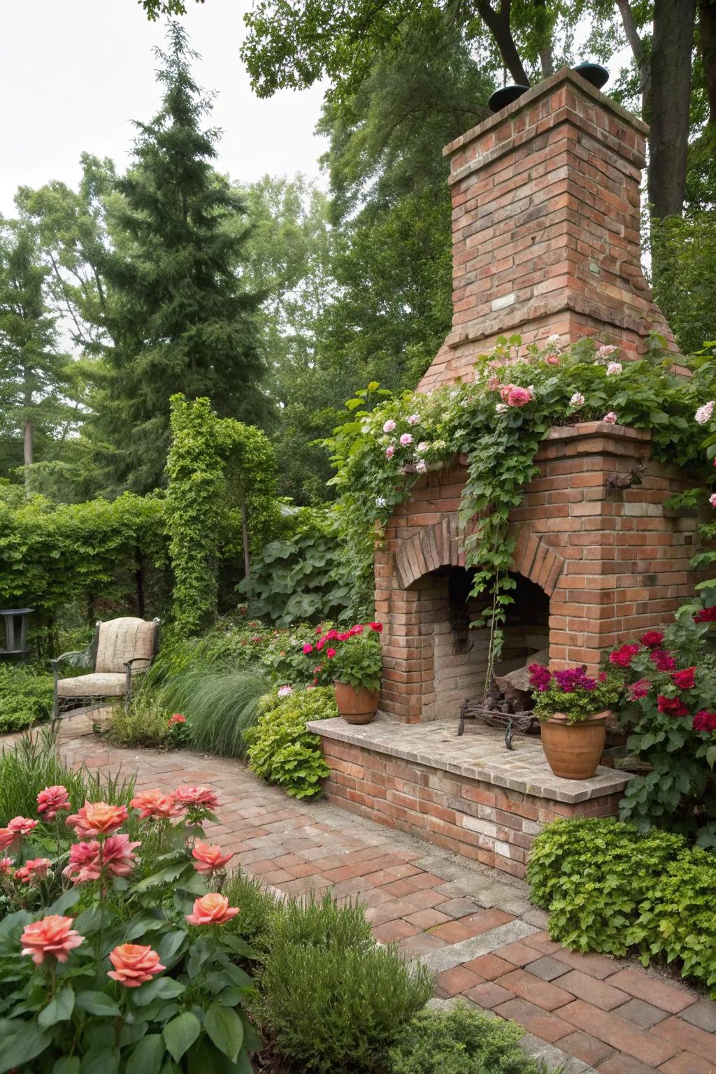 An enchanting garden setting with a cozy brick fireplace.