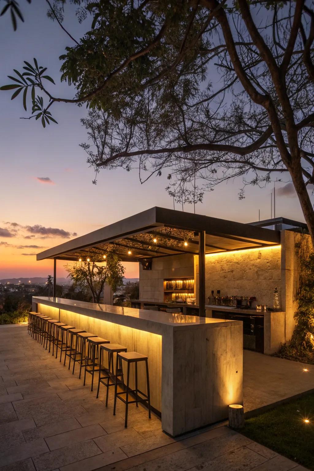 Ambient lighting transforms this bar into a magical evening spot.