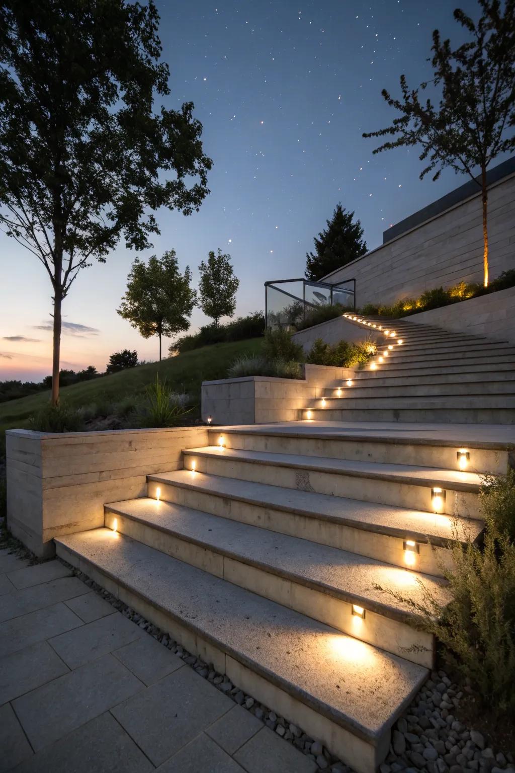 Concrete stairs illuminated with soft lighting accents.