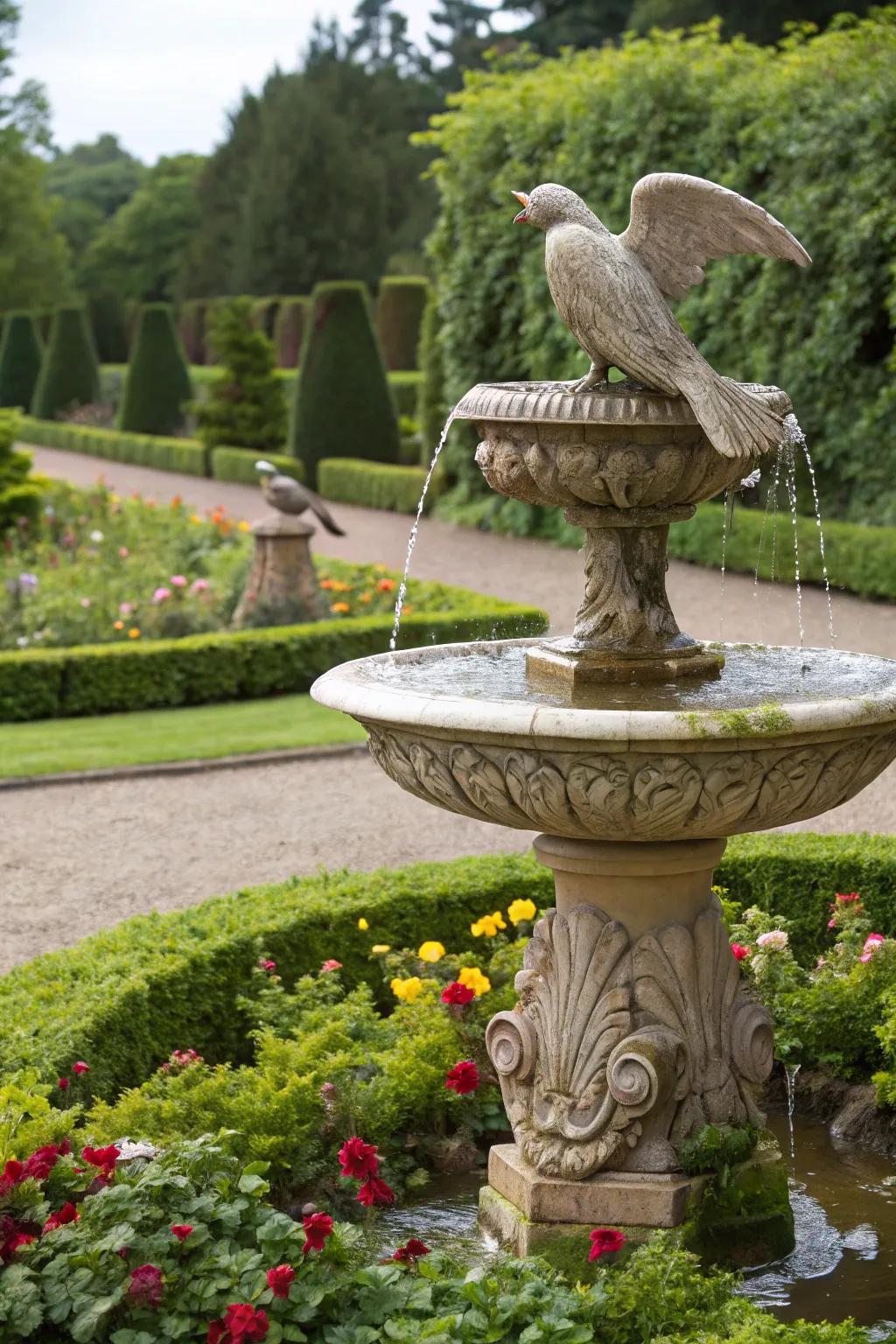 Sculptural fountains can be a captivating focal point.