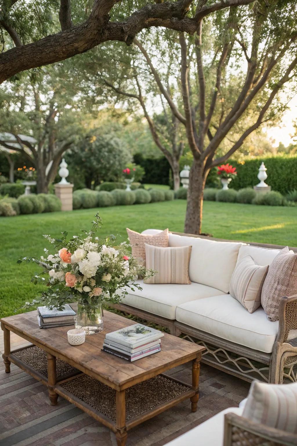 A coffee table adds style and functionality to your outdoor space.