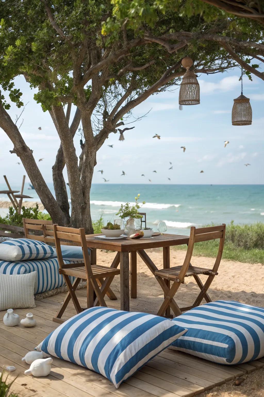Nautical stripes create a classic coastal atmosphere.