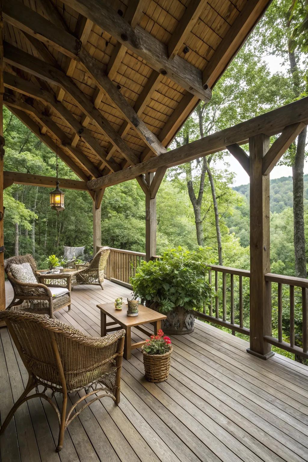 A timber-framed deck roof for rustic warmth and charm.