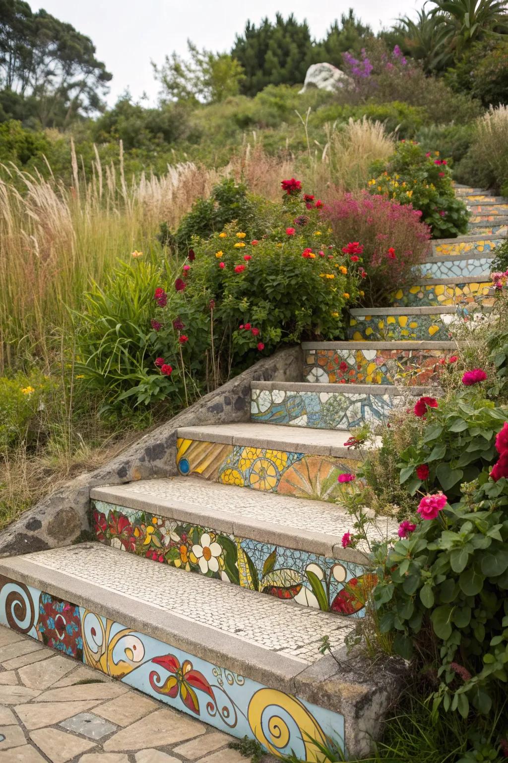 Mosaic steps bring an artistic flair to your garden.
