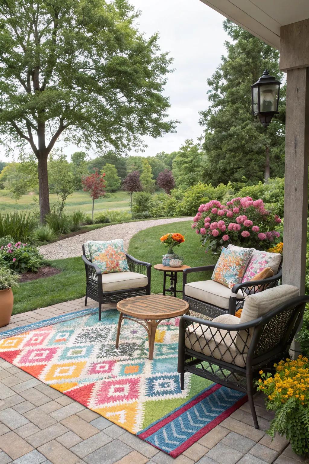 Vibrant outdoor rugs bring color and comfort to your patio.