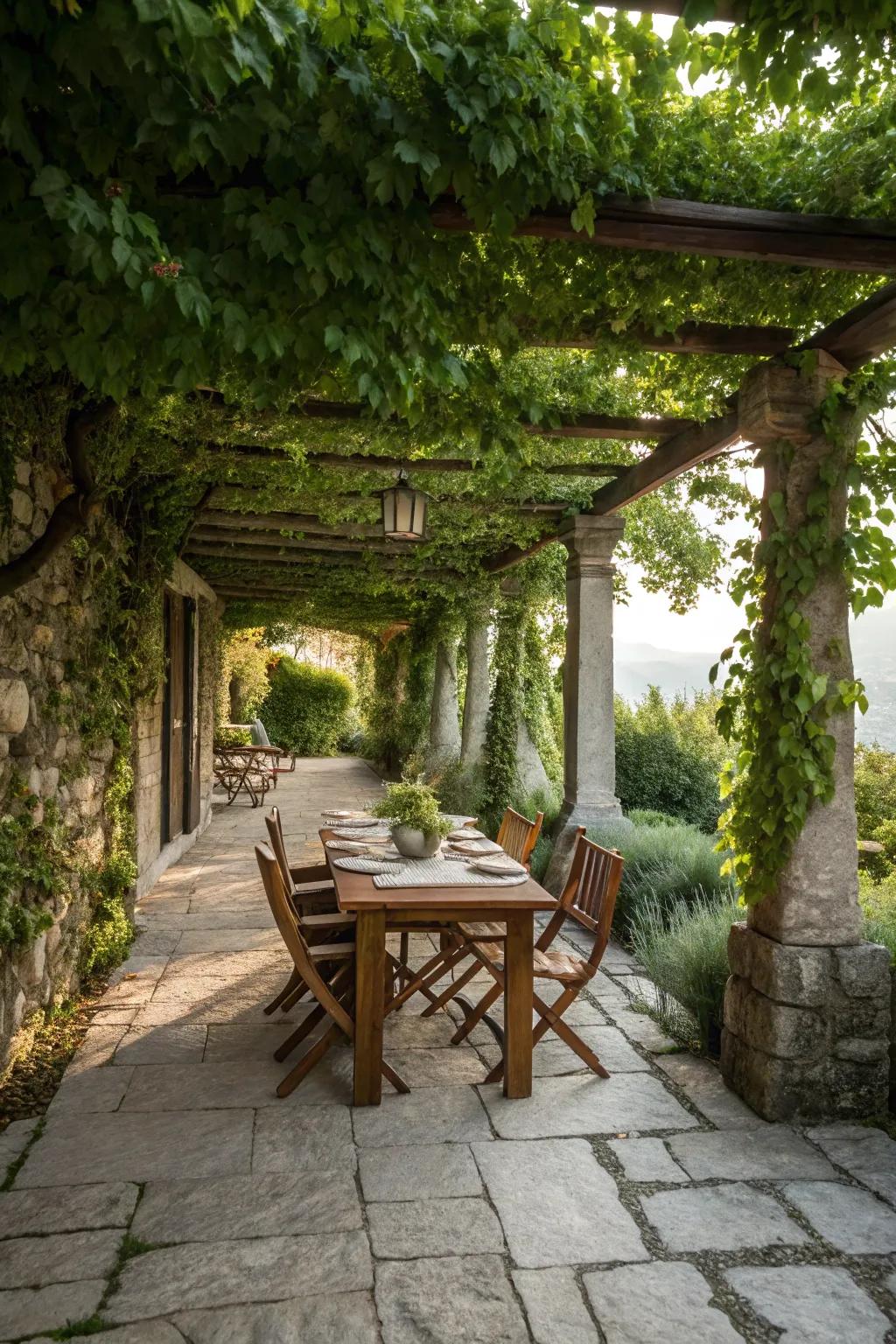 Natural stone flooring enhances the elegance of your pergola.