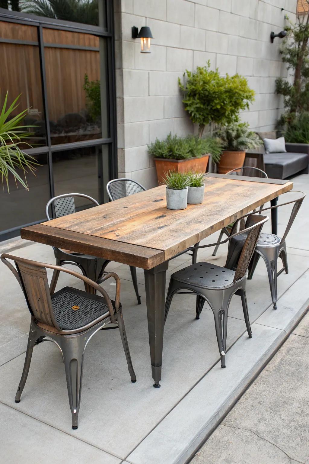 Bring industrial flair to your outdoor dining with metal and wood elements.