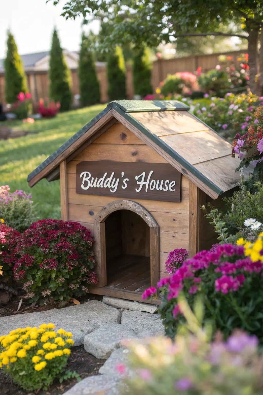 A personalized dog house with a custom name plaque.